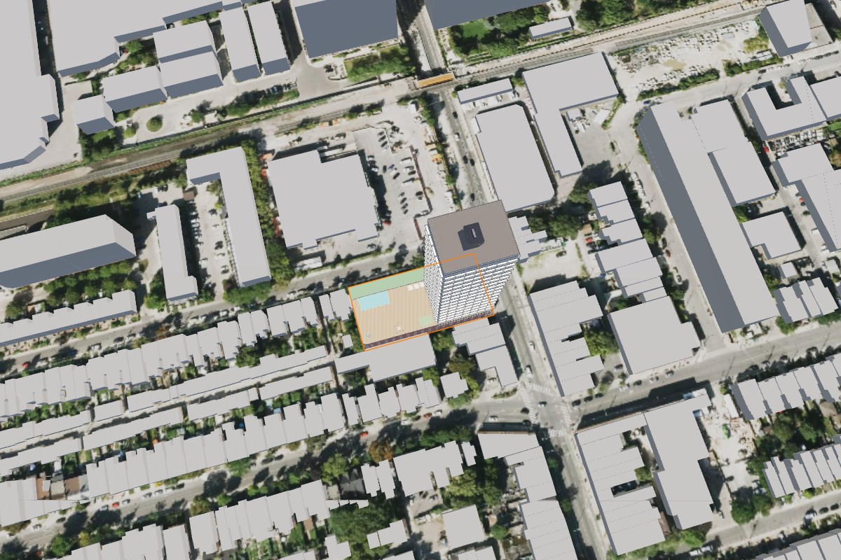 Aerial view of the proposed development massing at 1313 Bloor St W